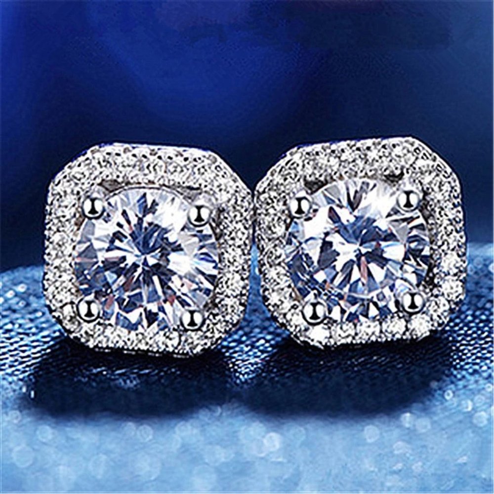 NEW 925 Silver Round Diamond Halo Stud Earrings